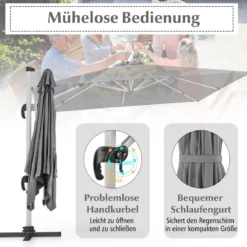 Sonnenschirm rechteckig 300 x 300 cm großer Ampelschirm mit Kurbel Grau