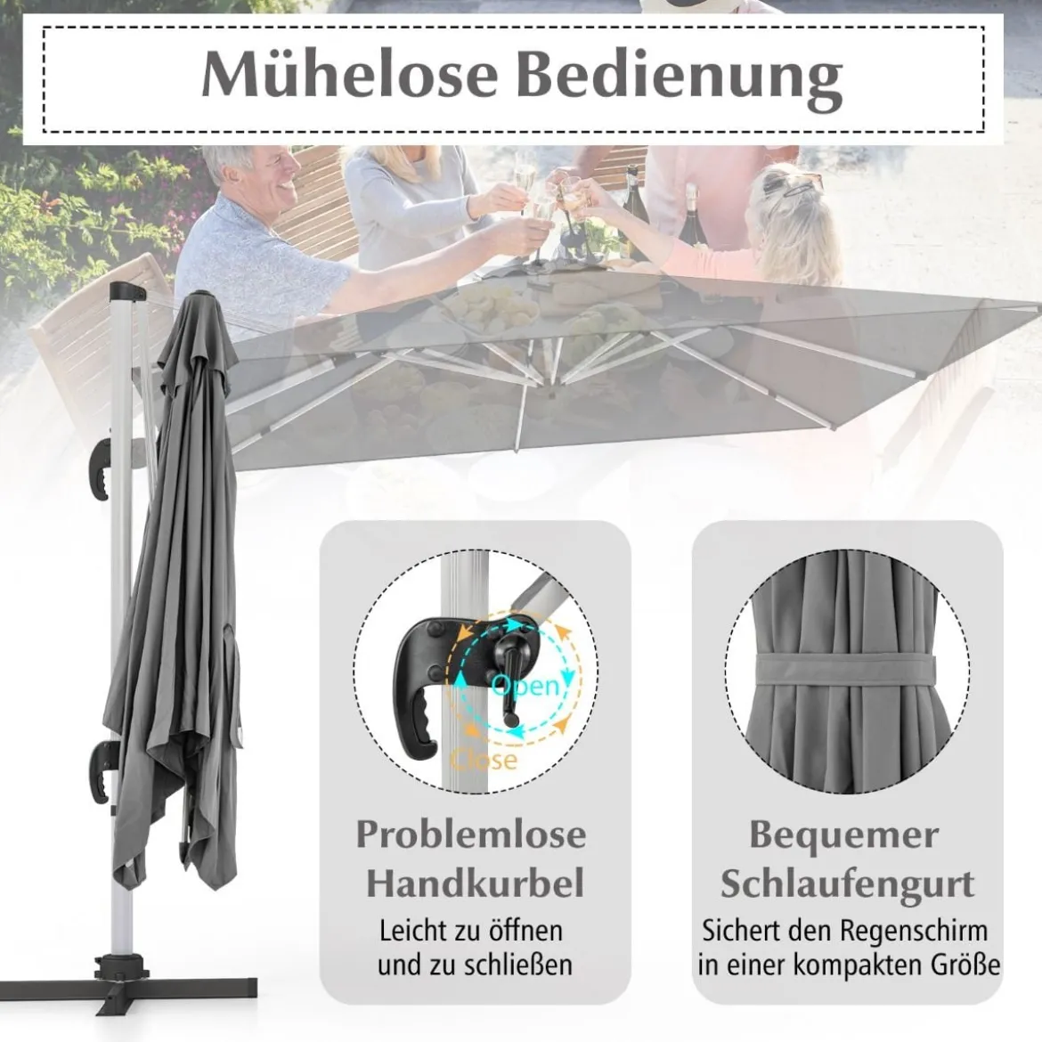 Sonnenschirm rechteckig 300 x 300 cm großer Ampelschirm mit Kurbel Grau