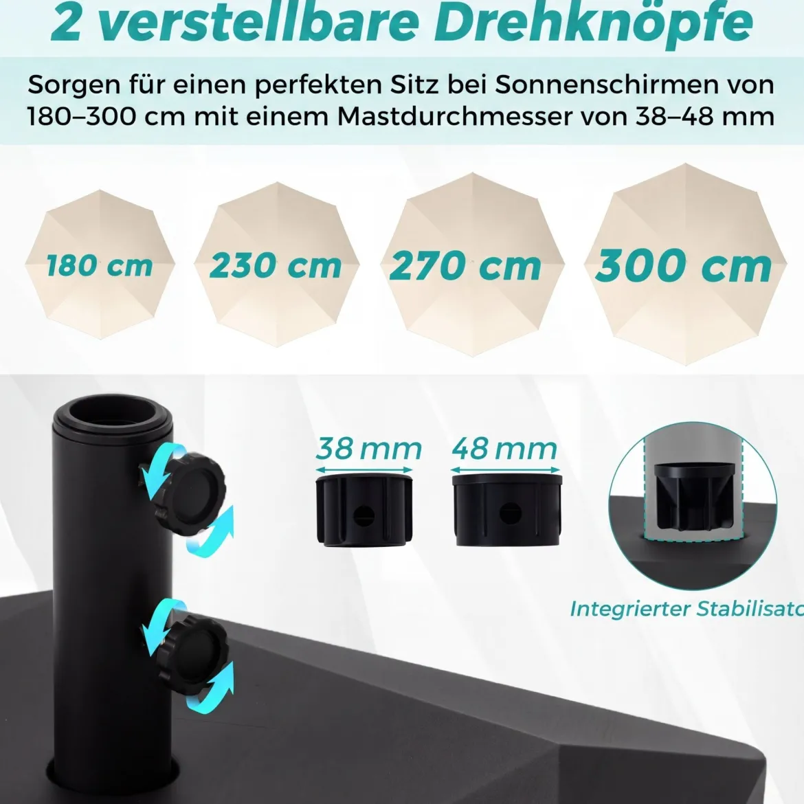 Sonnenschirmständer Befüllbarer Sonnenschirmhalter bis 70 kg für Ø 38-48 mm Schirmstöcke Schwarz
