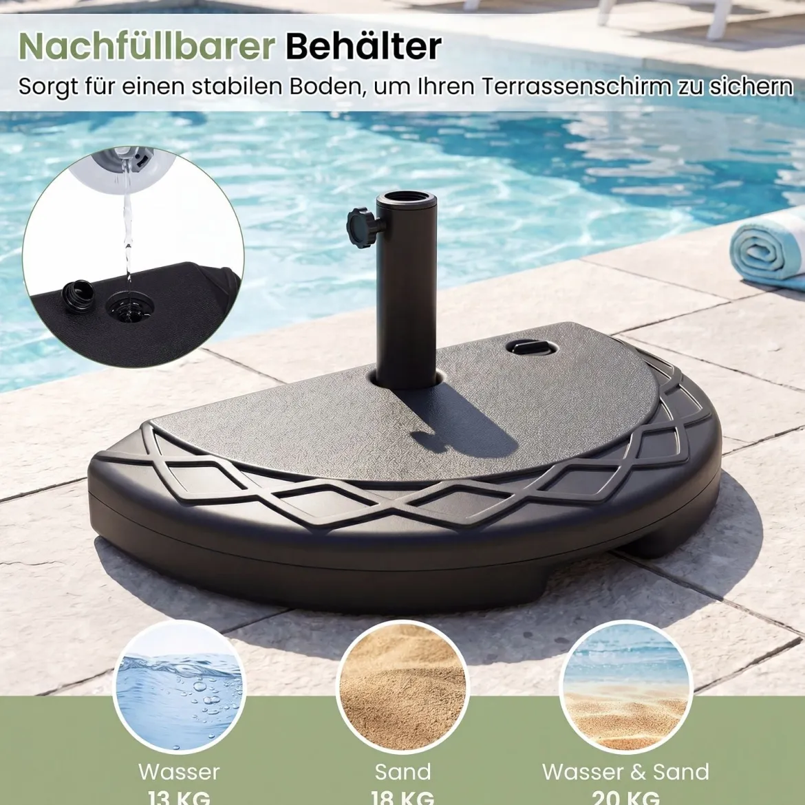 Sonnenschirmständer Halbrund Schirmständer mit Griff & Verstellbarem Drehknopf für Schirmstöcke 38-48 mm