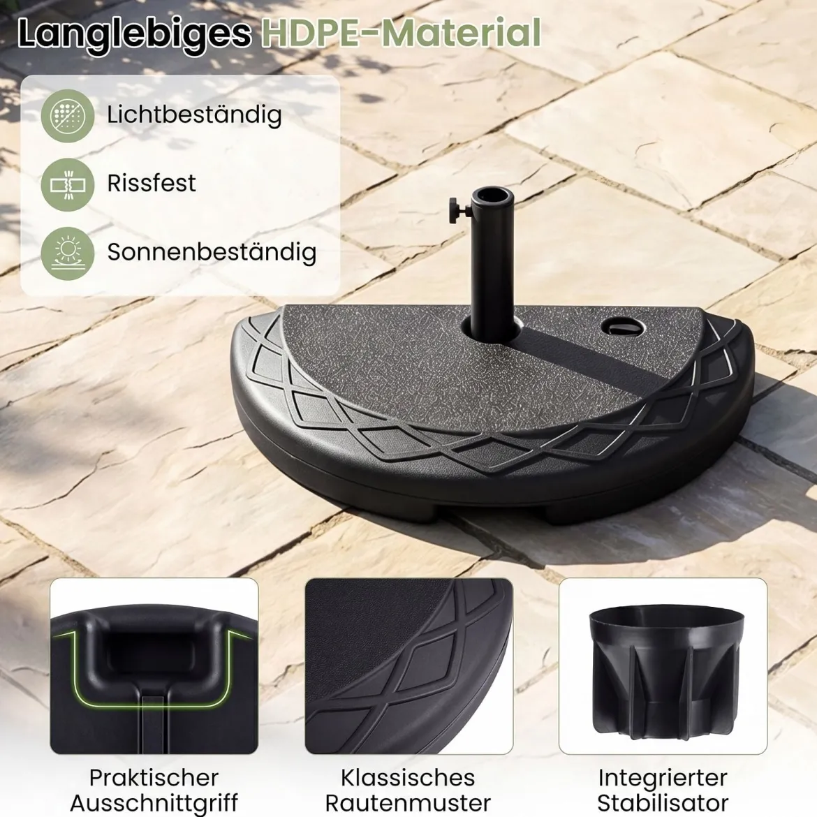 Sonnenschirmständer Halbrund Schirmständer mit Griff & Verstellbarem Drehknopf für Schirmstöcke 38-48 mm
