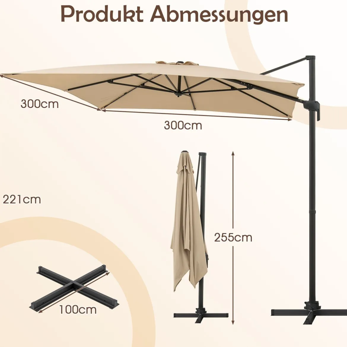 Sonnenschirm 300 x 300 cm Ampelschirm mit Kurbel Gartenschirm neigbar 360° drehbar großer Terrassenschirm Beige