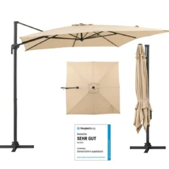 Sonnenschirm 300 x 300 cm Ampelschirm mit Kurbel Gartenschirm neigbar 360° drehbar großer Terrassenschirm Beige
