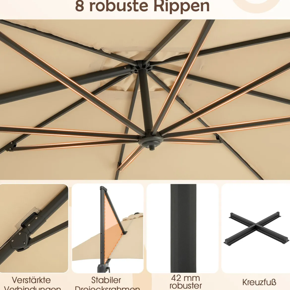 Sonnenschirm 300 x 300 cm Ampelschirm mit Kurbel Gartenschirm neigbar 360° drehbar großer Terrassenschirm Beige