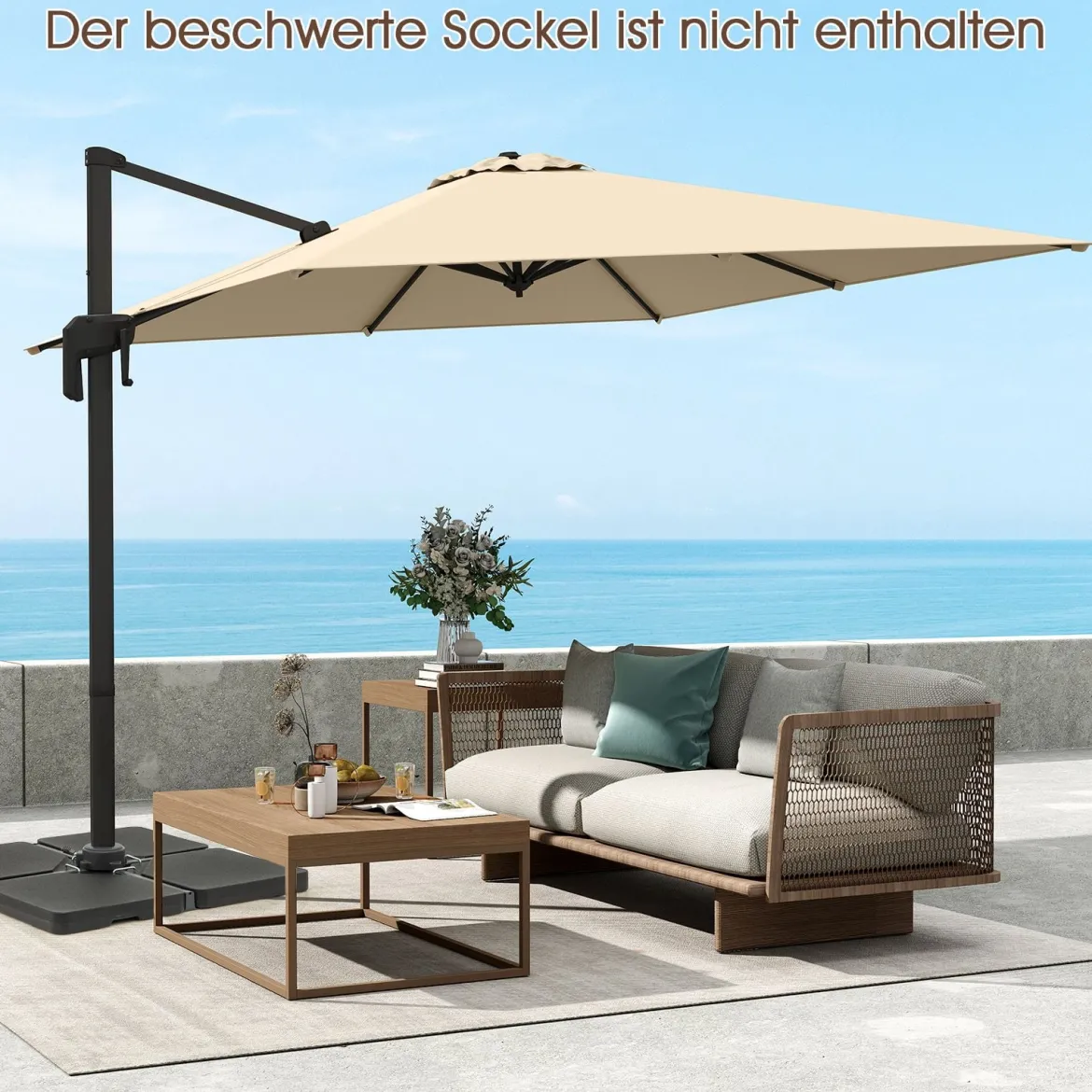 Sonnenschirm 300 x 300 cm Ampelschirm mit Kurbel Gartenschirm neigbar 360° drehbar großer Terrassenschirm Beige