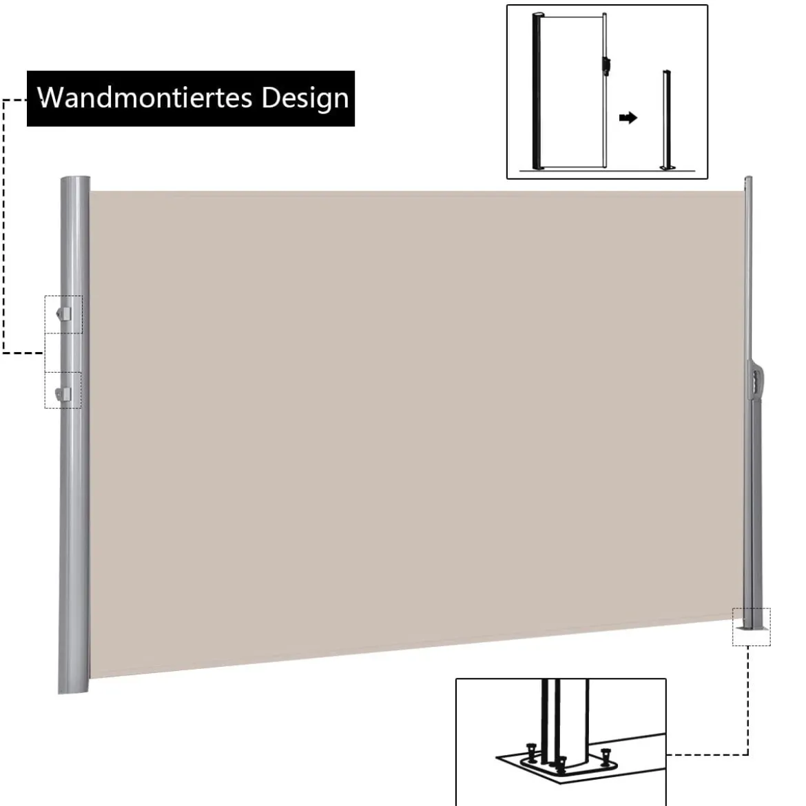Sonnen- und Windschutz aus Aluminium Ausziehbar faltbar Sichtschutz 300 x 180 cm Beige