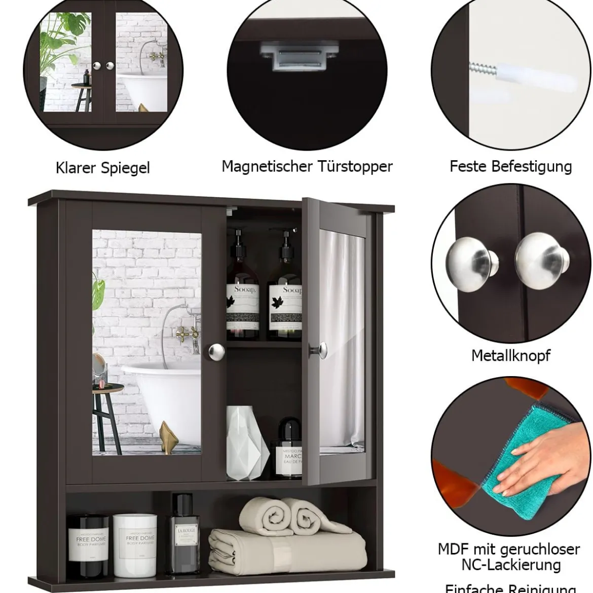 Spiegelschrank Badezimmer Badschrank mit Spiegel Badezimmerschrank mit höhenverstellbarer Ablage Badezimmerspiegel Braun