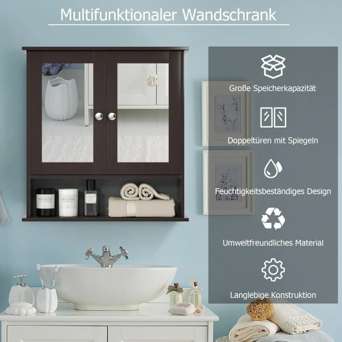 Spiegelschrank Badezimmer Badschrank mit Spiegel Badezimmerschrank mit höhenverstellbarer Ablage Badezimmerspiegel Braun