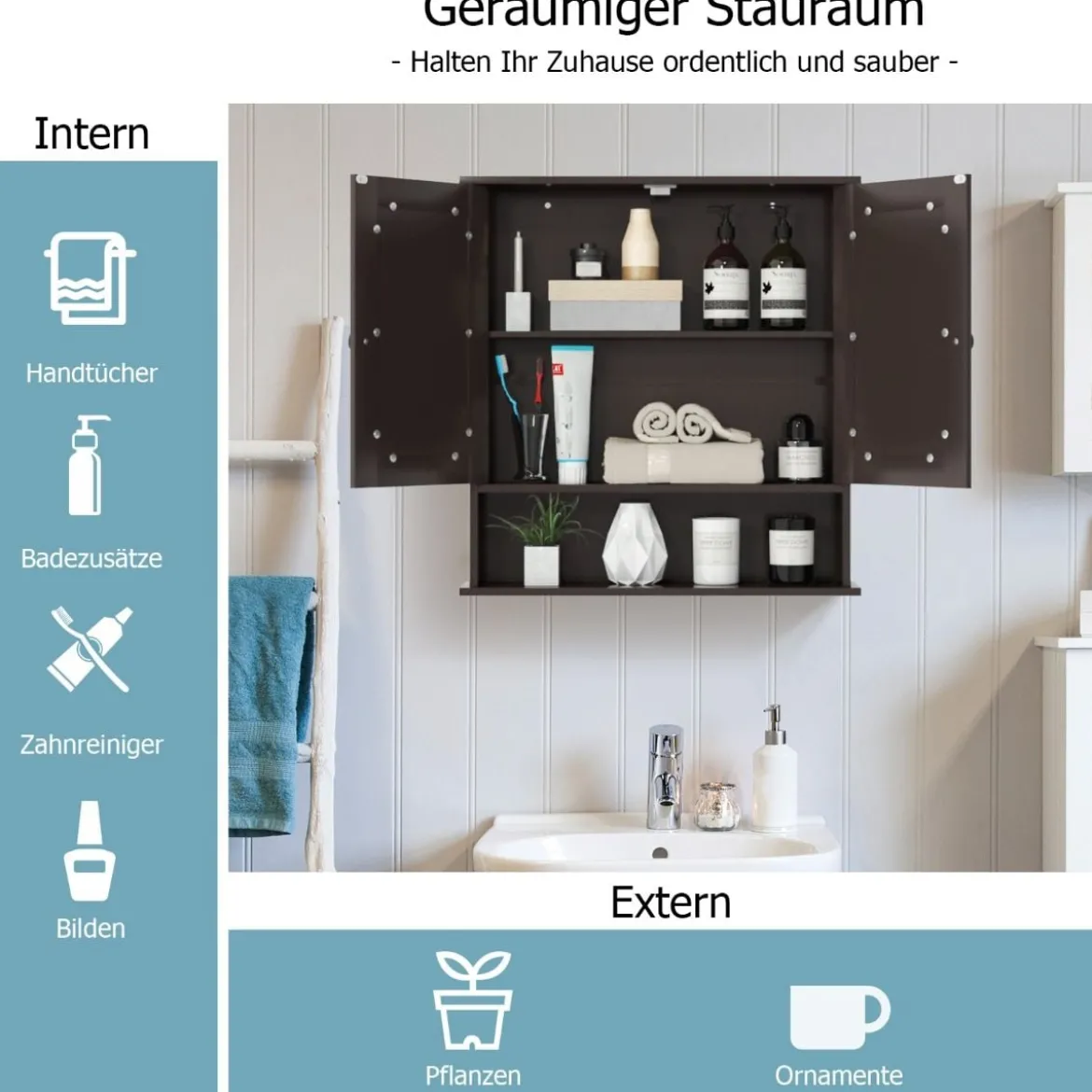 Spiegelschrank Badezimmer Badschrank mit Spiegel Badezimmerschrank mit höhenverstellbarer Ablage Badezimmerspiegel Braun