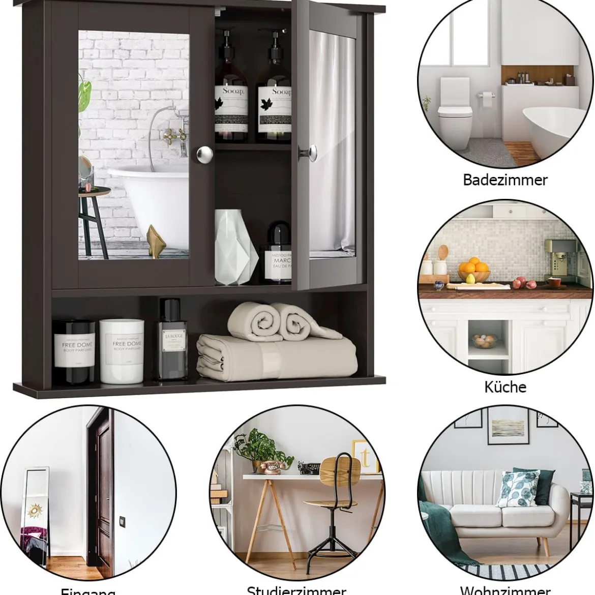 Spiegelschrank Badezimmer Badschrank mit Spiegel Badezimmerschrank mit höhenverstellbarer Ablage Badezimmerspiegel Braun
