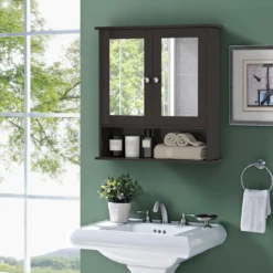 Spiegelschrank Badezimmer Badschrank mit Spiegel Badezimmerschrank mit höhenverstellbarer Ablage Badezimmerspiegel Braun
