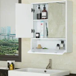 Spiegelschrank Bad Wandschrank mit Spiegel Badezimmerspiegelschrank Hängeschrank Holz Weiß 54 x 14 x 62 cm