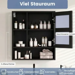 Spiegelschrank mit Spiegeltür & 3 Offenen Regalen Hängeschrank Wandschrank Schwarz