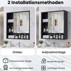 Spiegelschrank mit Spiegeltür & 3 Offenen Regalen Hängeschrank Wandschrank Schwarz