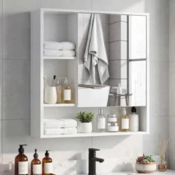 Spiegelschrank mit Spiegeltür & 3 Offenen Regalen Hängeschrank Wandschrank Weiß