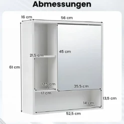 Spiegelschrank mit Spiegeltür & 3 Offenen Regalen Hängeschrank Wandschrank Weiß