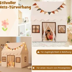Spielhaus Kinder Indoor Kinderzelt mit Matte und Lichtern Spielzelt für Drinnen Beige