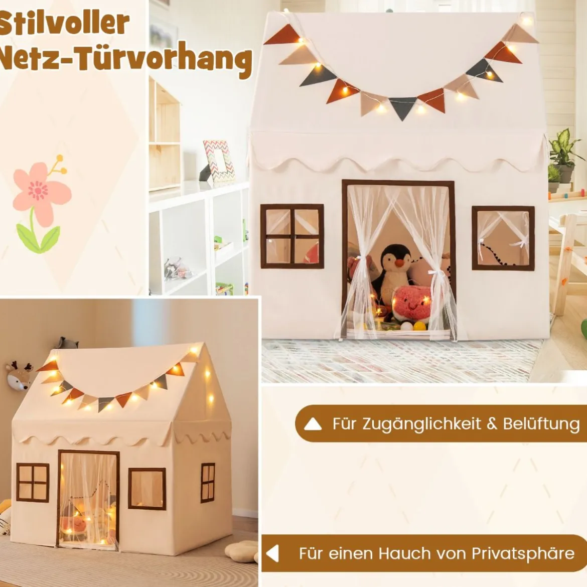 Spielhaus Kinder Indoor Kinderzelt mit Matte und Lichtern Spielzelt für Drinnen Beige