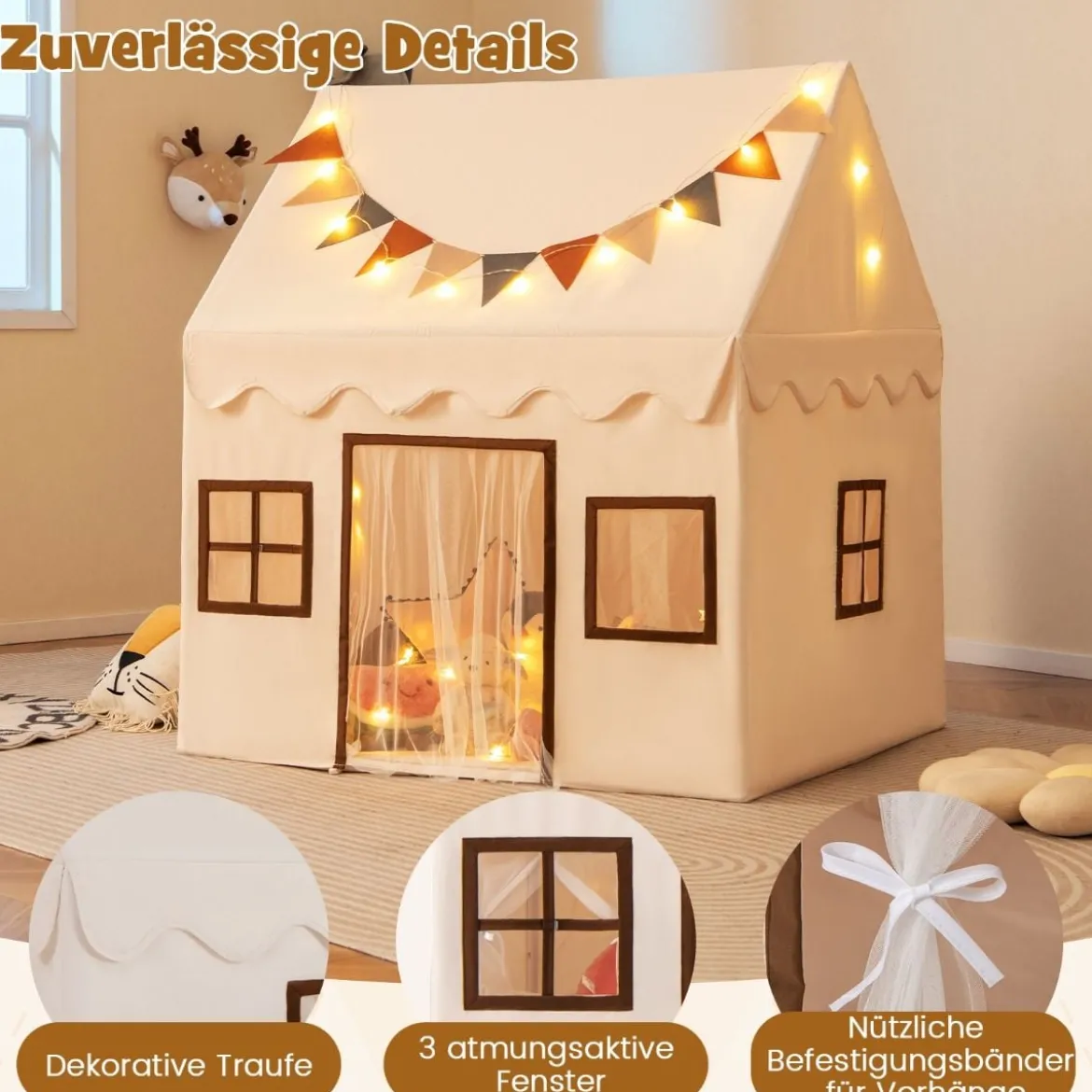 Spielhaus Kinder Indoor Kinderzelt mit Matte und Lichtern Spielzelt für Drinnen Beige