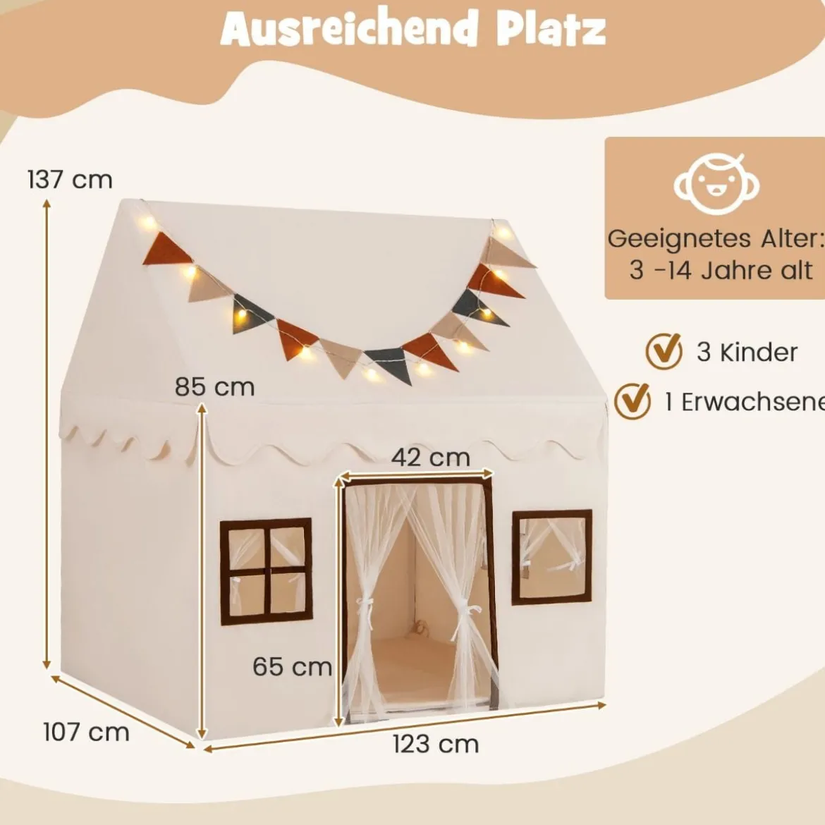 Spielhaus Kinder Indoor Kinderzelt mit Matte und Lichtern Spielzelt für Drinnen Beige
