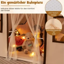 Spielhaus Kinder Indoor Kinderzelt mit Matte und Lichtern Spielzelt für Drinnen Beige