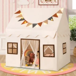 Spielhaus Kinder Indoor Kinderzelt mit Matte und Lichtern Spielzelt für Drinnen Beige