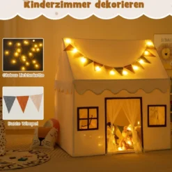 Spielhaus Kinder Indoor Kinderzelt mit Matte und Lichtern Spielzelt für Drinnen Beige