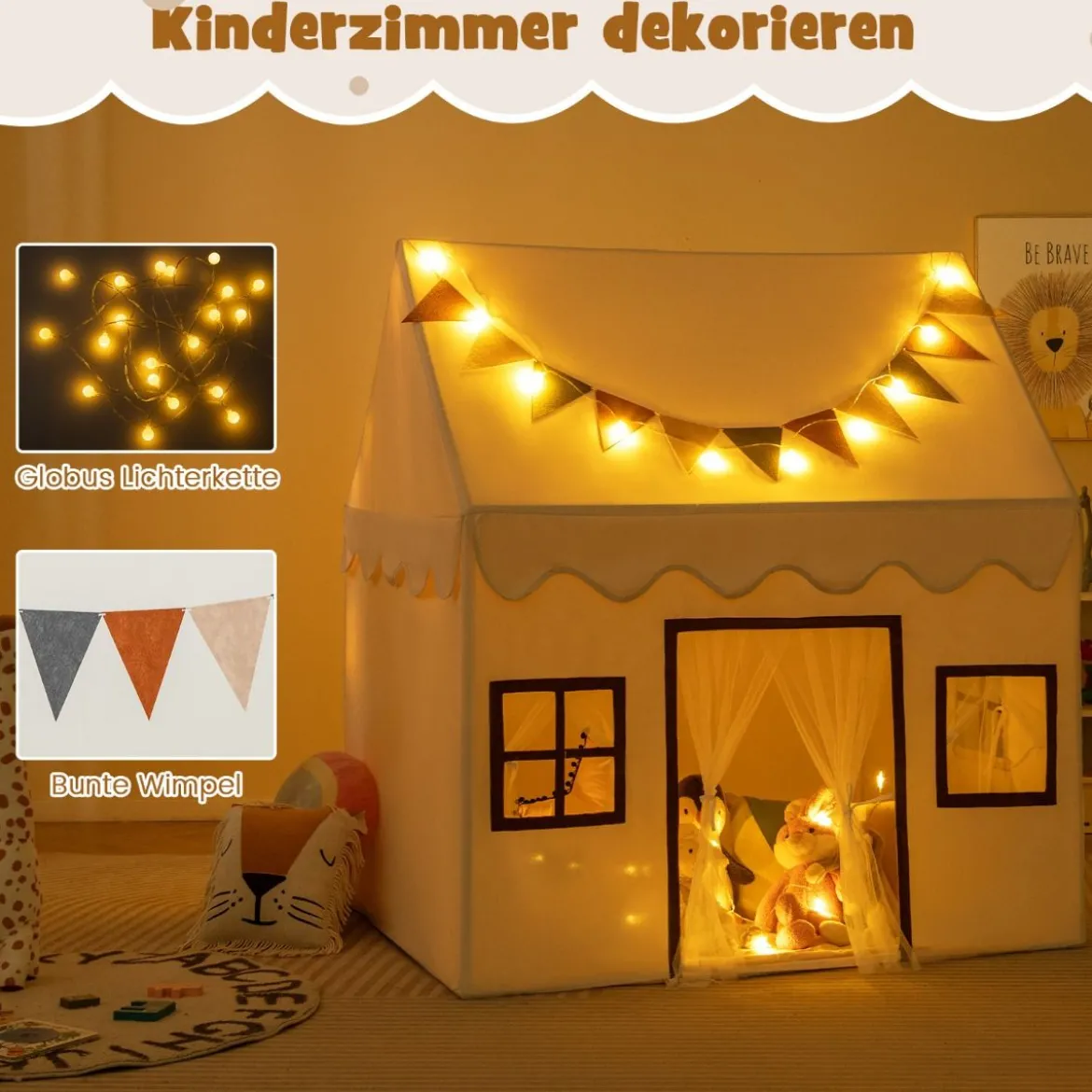 Spielhaus Kinder Indoor Kinderzelt mit Matte und Lichtern Spielzelt für Drinnen Beige