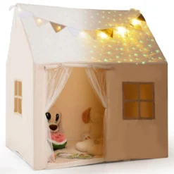 Spielhaus Kinder Indoor Kinderzelt mit gepolsterter Matte & Sternenlichtern 119 x 104 x 129 cm Beige