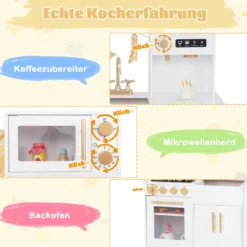 Spielküche aus Holz mit Spüle & Wasserhahn Spielzeugküche mit Zubehör für KinderWeiß