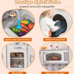 Spielküche aus Holz mit Zubehör Küchenspielset Spielzeugküche mit Eismaschine & Kochherd