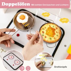 Spielküche Höhenverstellbar Holz-Küchenspielset mit Lichtern & Geräuschen Mikrowelle Herd Spüle Ofen Gelb