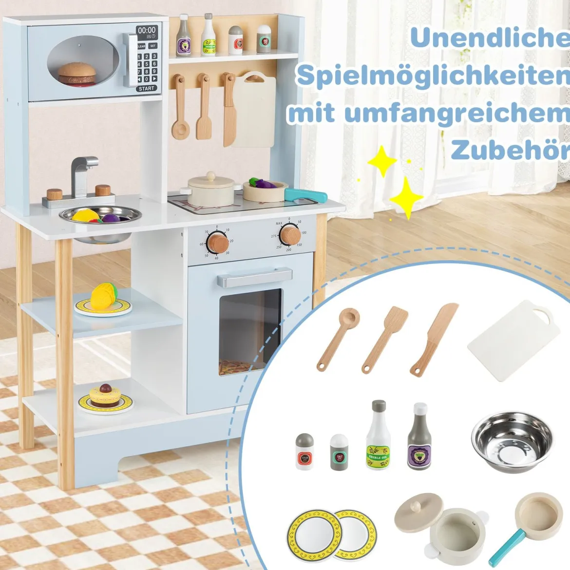 Spielküche mit Tafel & Mikrowelle & Herd & Abtropfgestell & Wasserhahn & Spüle Kinderküche Blau