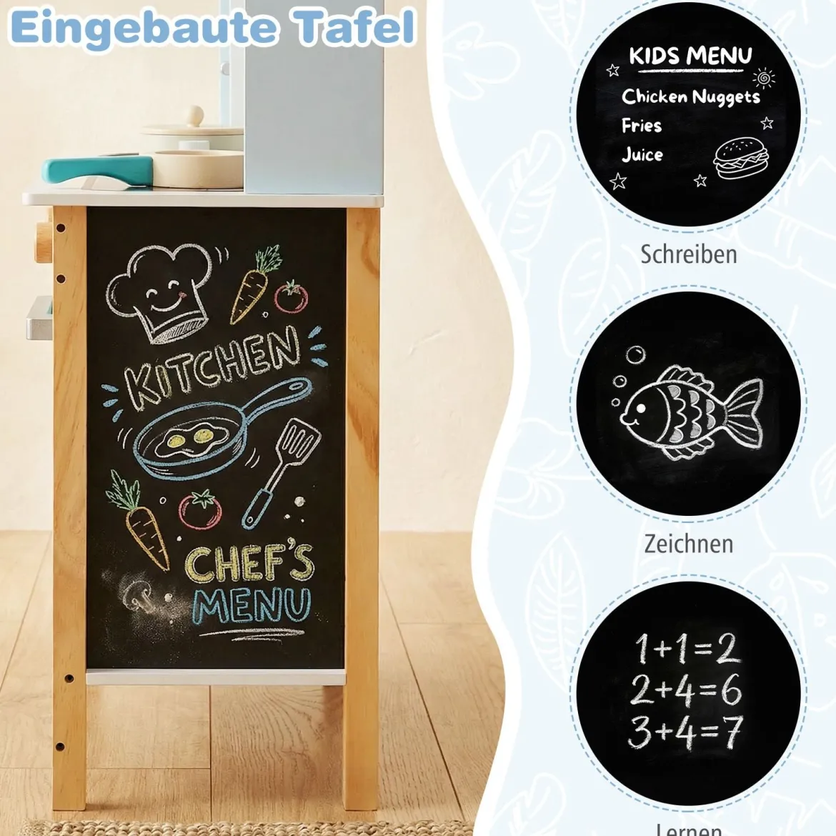 Spielküche mit Tafel & Mikrowelle & Herd & Abtropfgestell & Wasserhahn & Spüle Kinderküche Blau