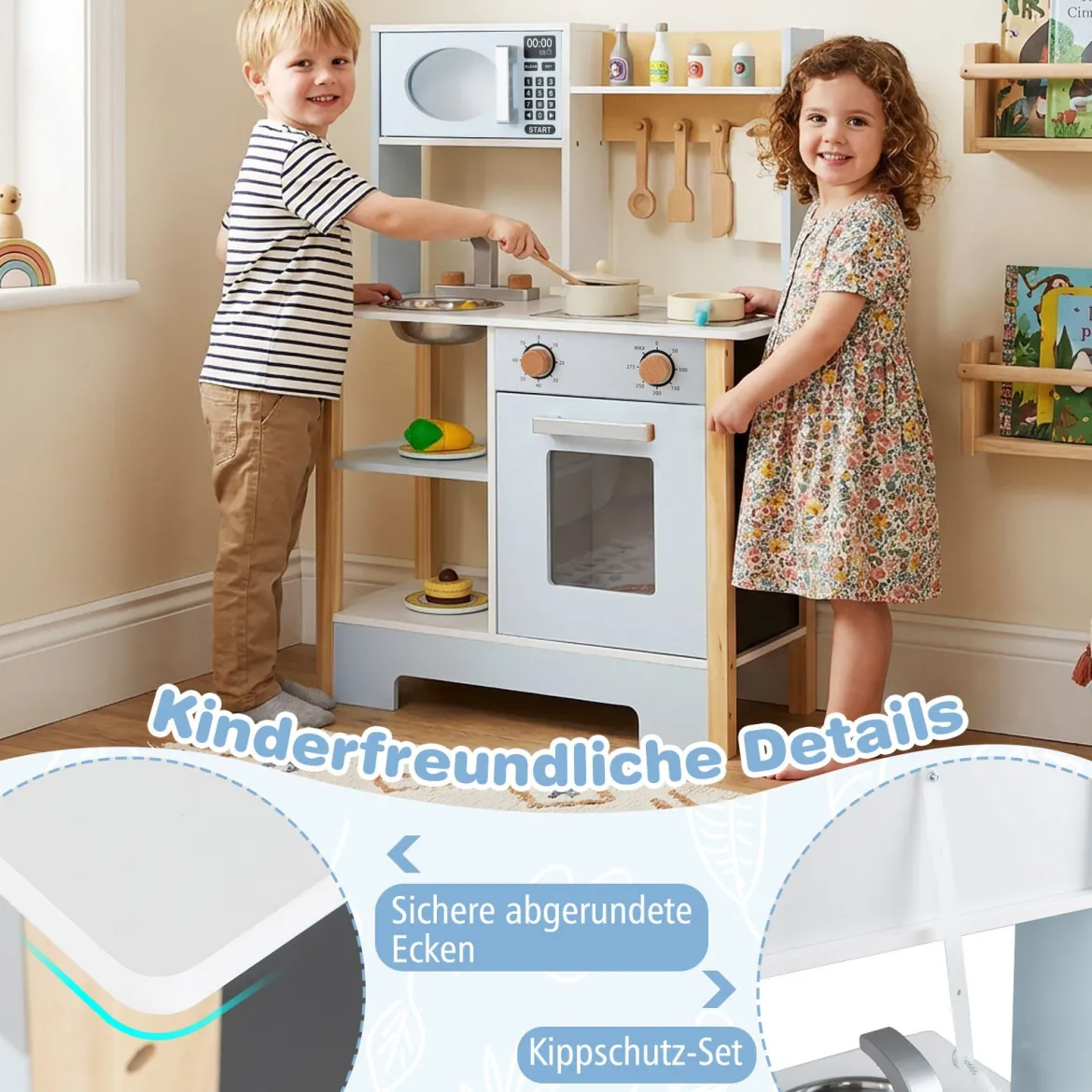 Spielküche mit Tafel & Mikrowelle & Herd & Abtropfgestell & Wasserhahn & Spüle Kinderküche Blau