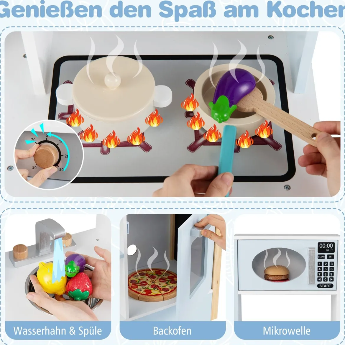 Spielküche mit Tafel & Mikrowelle & Herd & Abtropfgestell & Wasserhahn & Spüle Kinderküche Blau