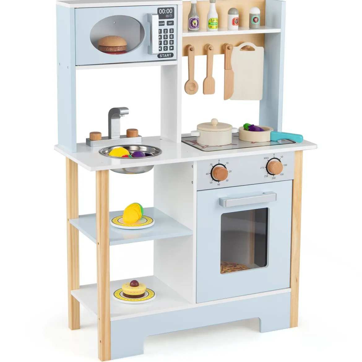 Spielküche mit Tafel & Mikrowelle & Herd & Abtropfgestell & Wasserhahn & Spüle Kinderküche Blau
