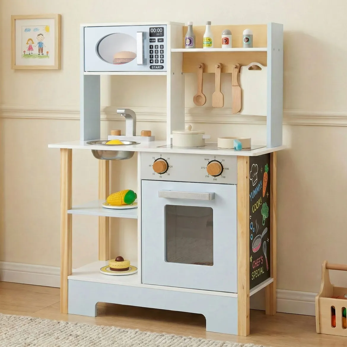 Spielküche mit Tafel & Mikrowelle & Herd & Abtropfgestell & Wasserhahn & Spüle Kinderküche Blau