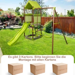 Spielturm Klettergerüst mit Schaukel Rutsche Kletterseil Gleitersitzen 320 x 260 x 248 cm Grün