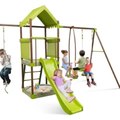 Spielturm Klettergerüst mit Schaukel Rutsche Kletterseil Gleitersitzen 320 x 260 x 248 cm Grün