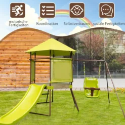 Spielturm Klettergerüst mit Schaukel Rutsche und Leiter Outdoor Kinder Kletterturm 225 x 203 x 168 cm Grün