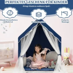 Spielzelt Großes Kinderzelt Indoor-Spielzelt mit Matte Türvorhang 121 x 105 x 137 cm Blau