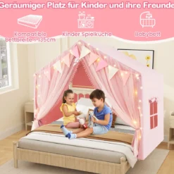 Spielzelt mit 2 Vorhängen & Sternenlichtern & Karierten Wimpel Großes Spielhaus Rosa
