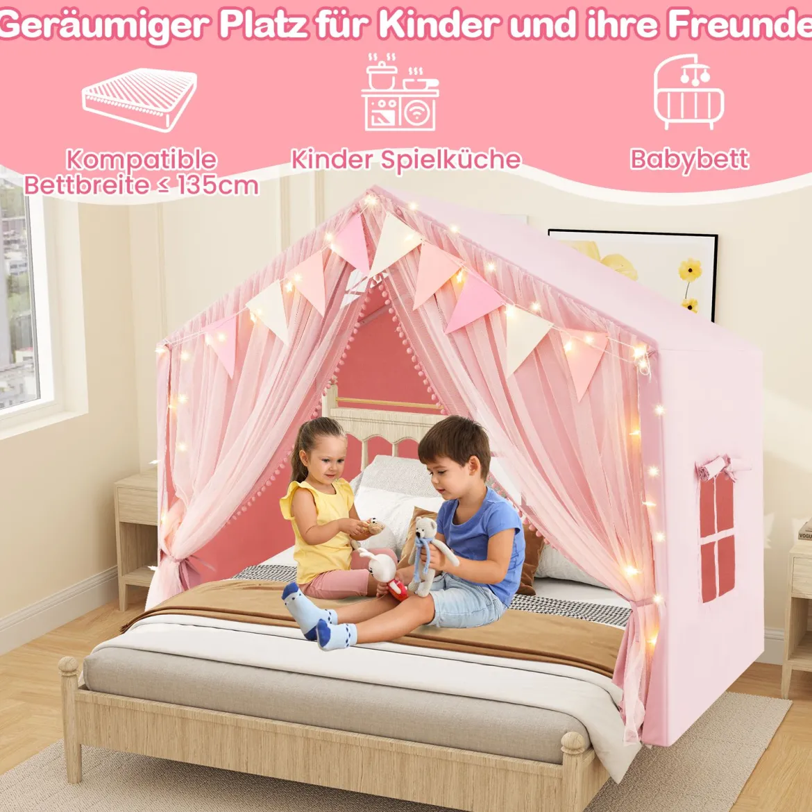 Spielzelt mit 2 Vorhängen & Sternenlichtern & Karierten Wimpel Großes Spielhaus Rosa