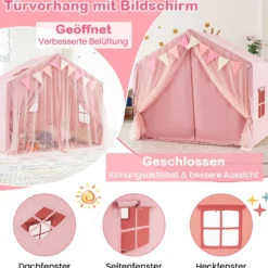 Spielzelt mit 2 Vorhängen & Sternenlichtern & Karierten Wimpel Großes Spielhaus Rosa