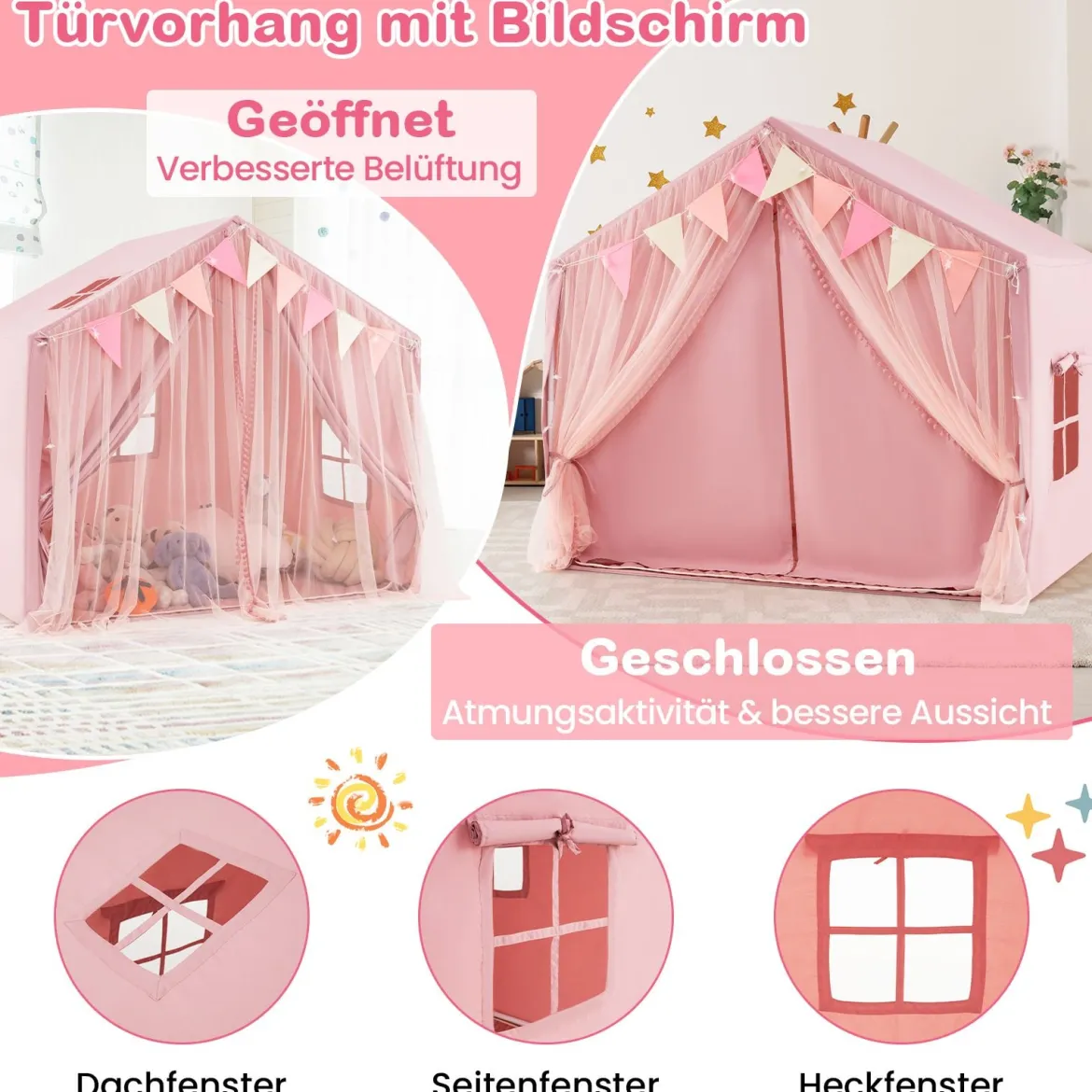 Spielzelt mit 2 Vorhängen & Sternenlichtern & Karierten Wimpel Großes Spielhaus Rosa