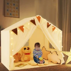 Spielzelt mit 2 Vorhängen & Sternenlichtern & Karierten Wimpel Großes Spielhaus für 3–4 Kinder