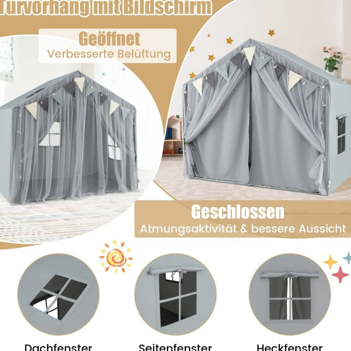 Spielzelt mit 2 Vorhängen & Sternenlichtern & Karierten Wimpel Großes Spielhaus Grau