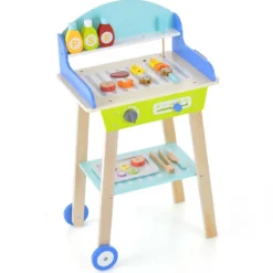 Spielzeug Grill Set aus Holz mit Schiebegriff & Räder & Zubehören Kinder Spielküche BBQ