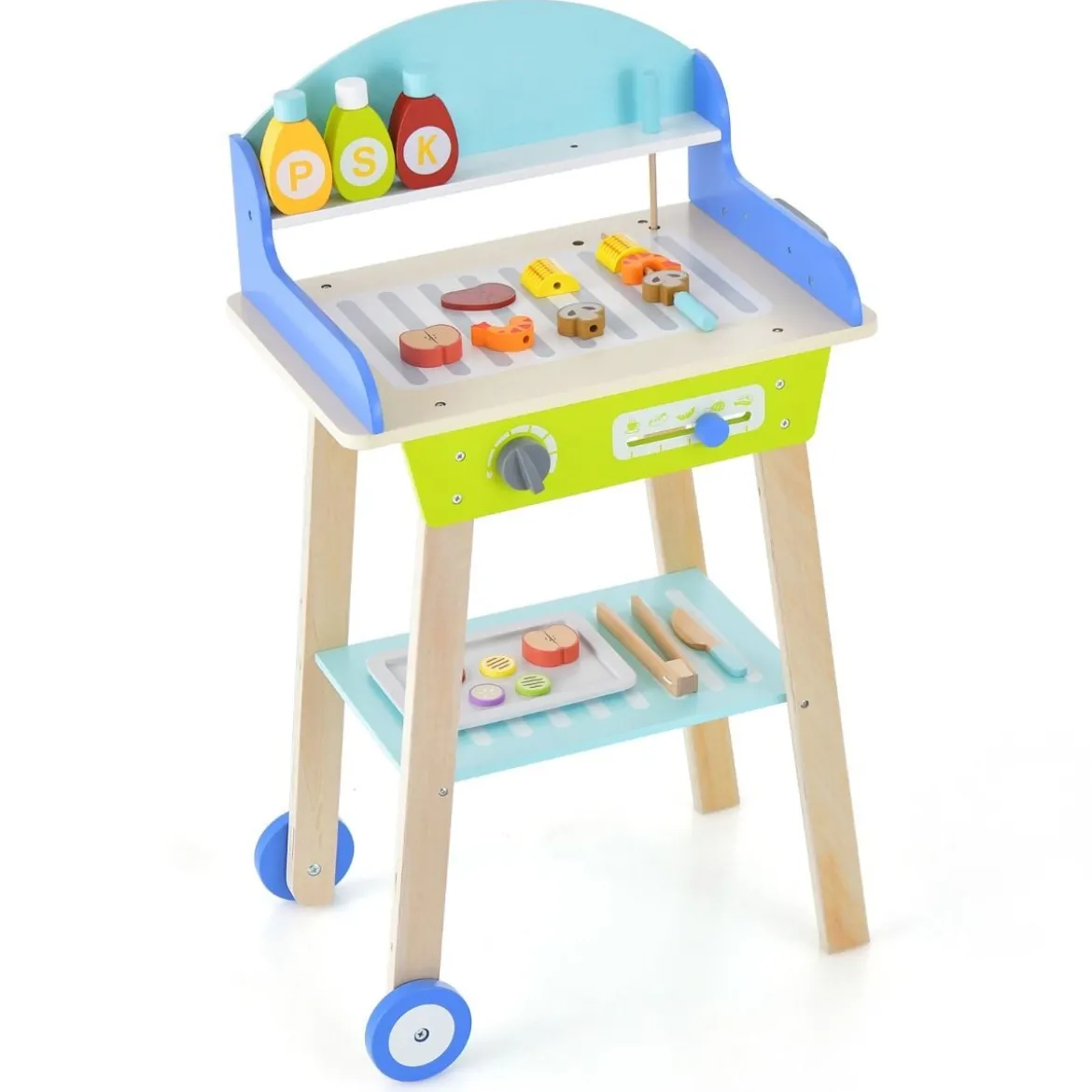 Spielzeug Grill Set aus Holz mit Schiebegriff & Räder & Zubehören Kinder Spielküche BBQ